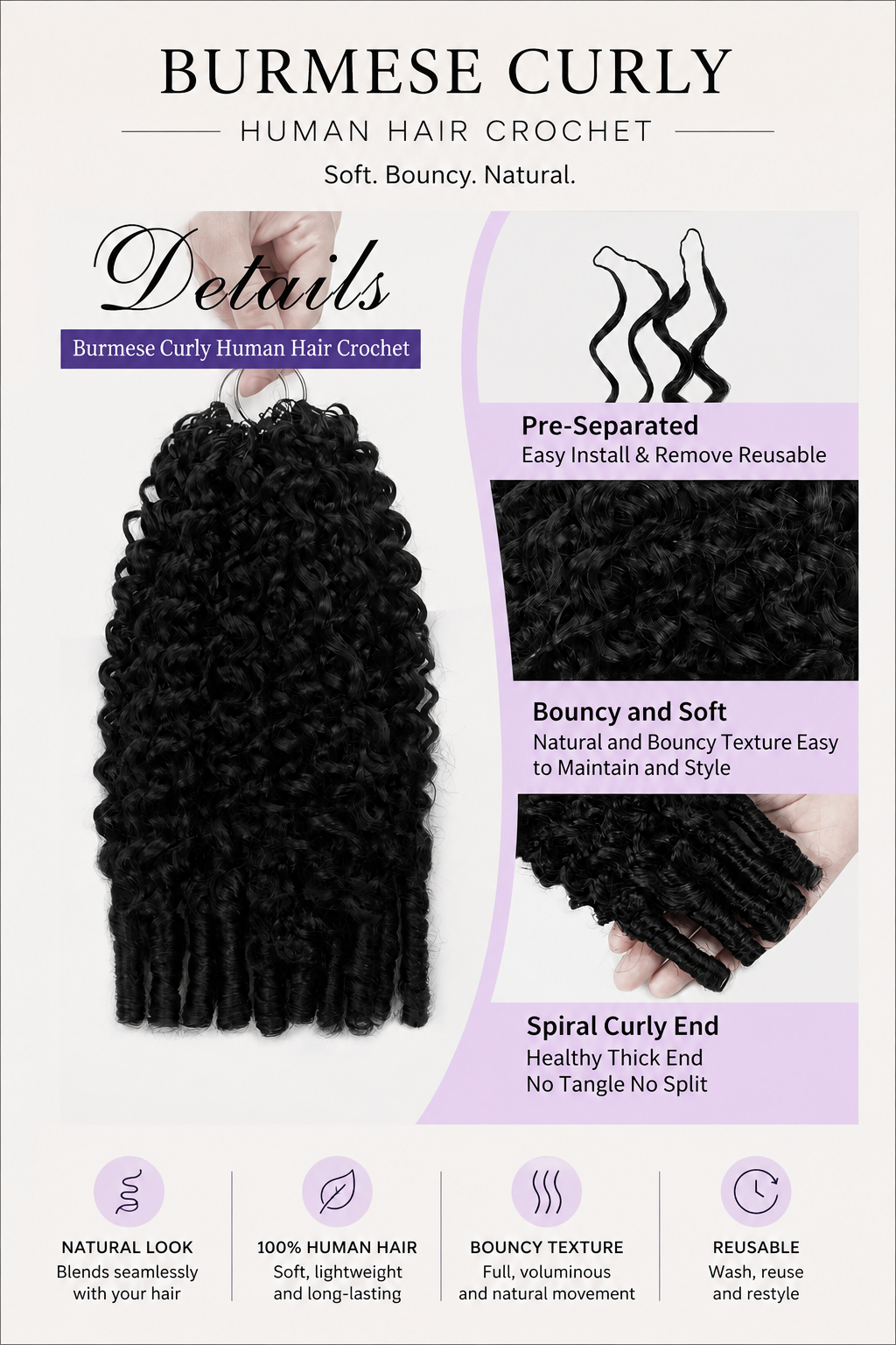 Deim Burmese Curl Human Hair Feathered Crochet Miracle Knots