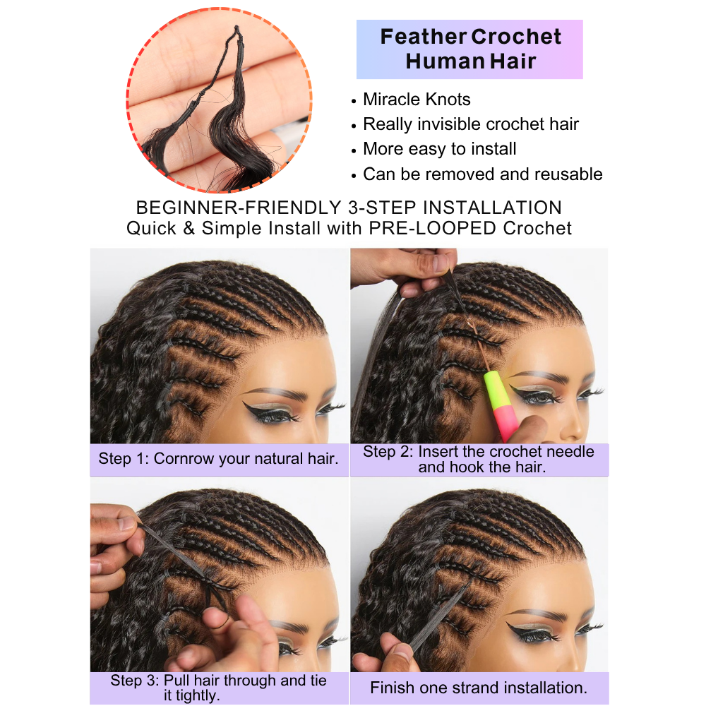 Deim Deep Wave Human Hair Feathered Crochet Miracle Knots