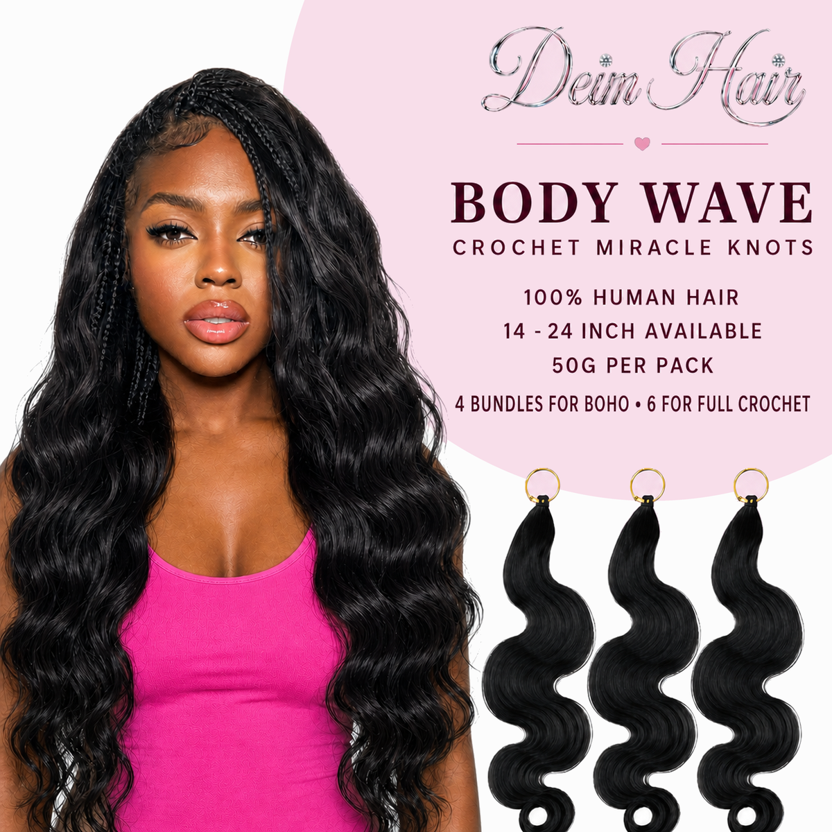 Deim Body Wave Human Hair Feathered Crochet Miracle Knots