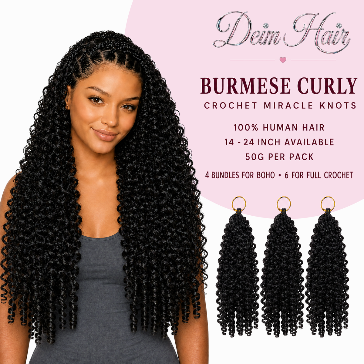 Deim Burmese Curl Human Hair Feathered Crochet Miracle Knots