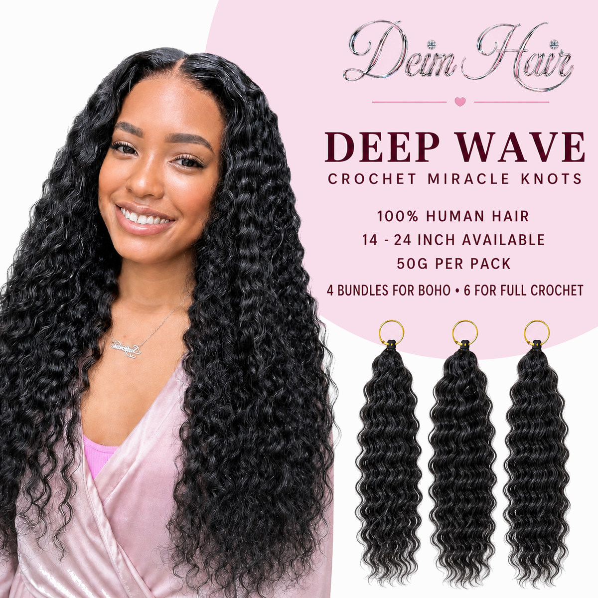 Deim Deep Wave Human Hair Feathered Crochet Miracle Knots