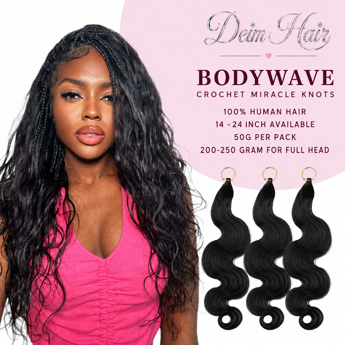 Deim Body Wave Human Hair Feathered Crochet Miracle Knots